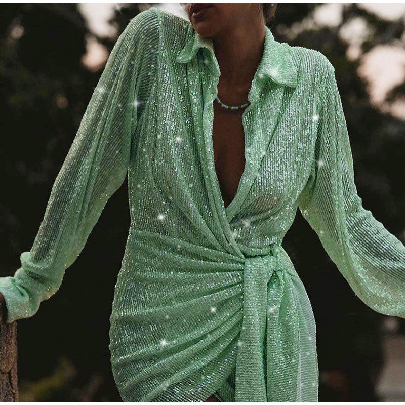 maoxiangshop Sexy Sequins Women Party Mini Dress V-Neck Lantern Long Sleeve Female Night Club Evening Dresses Bodycon Short Dress Summer