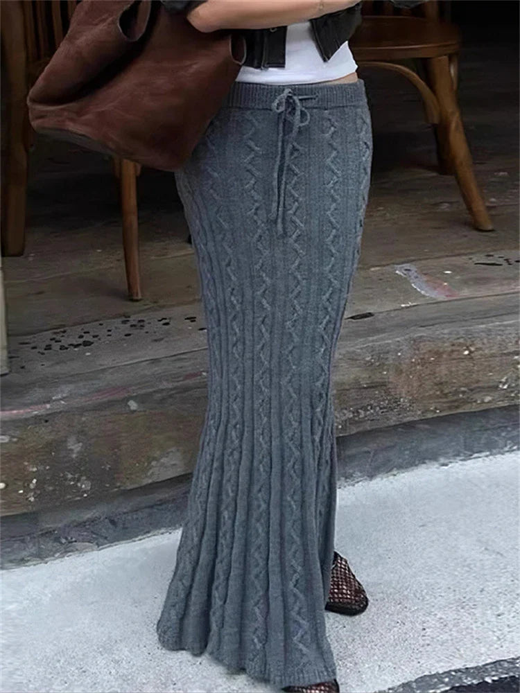 maoxiangshop - Twists Woolen Knitted Maxi Skirt Women Lacing Low Rise Slim Long Fishtail Skirt Hottie Autumn Winter Streetwear