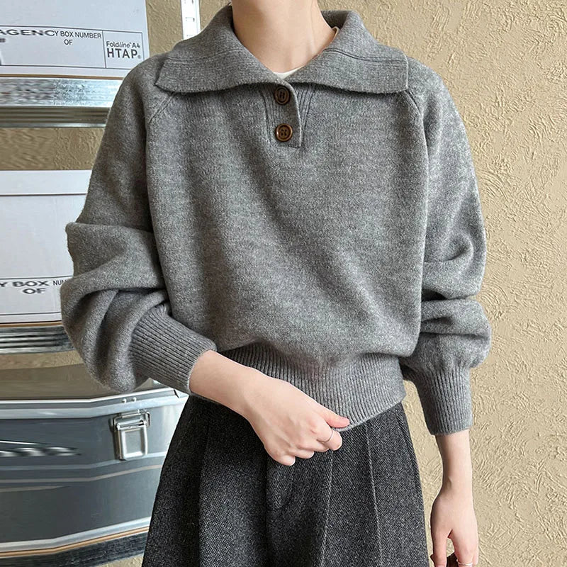 maoxiangshop - Casual Solid Knitted Lapel Sweaters Women Vintage Loose Button Long Sleeve Pullover Sweater Female Autumn Elegant Chic Base Tops