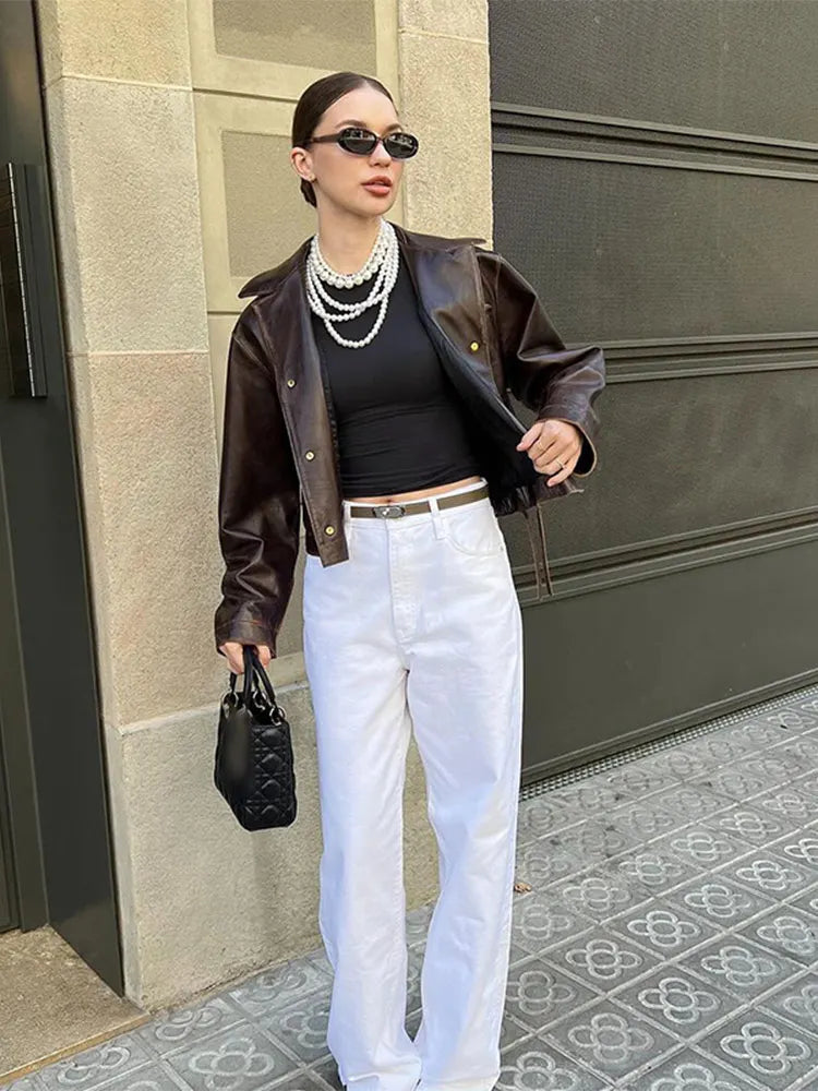 maoxiangshop - Fashion Pu Leather Brown Lapel Jacket Casual Long Sleeve Single Breasted Office Coat 2024 Autumn Chic High Street Lady Outwears