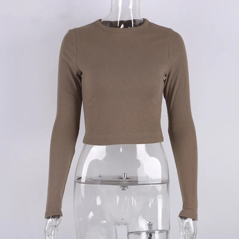 maoxiangshop O Neck Long Sleeve Shirt Women Ribbed Sexy Cropped Tops Spring Black Casual Skinny Slim Basic Woman T Shirts White