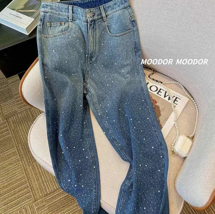 maoxiangshop Vintage Dot Print High Waist Wide Leg Baggy Y2K Jeans Pants Korean Fashion Women High Street Style Blue Straight Denim Trouser