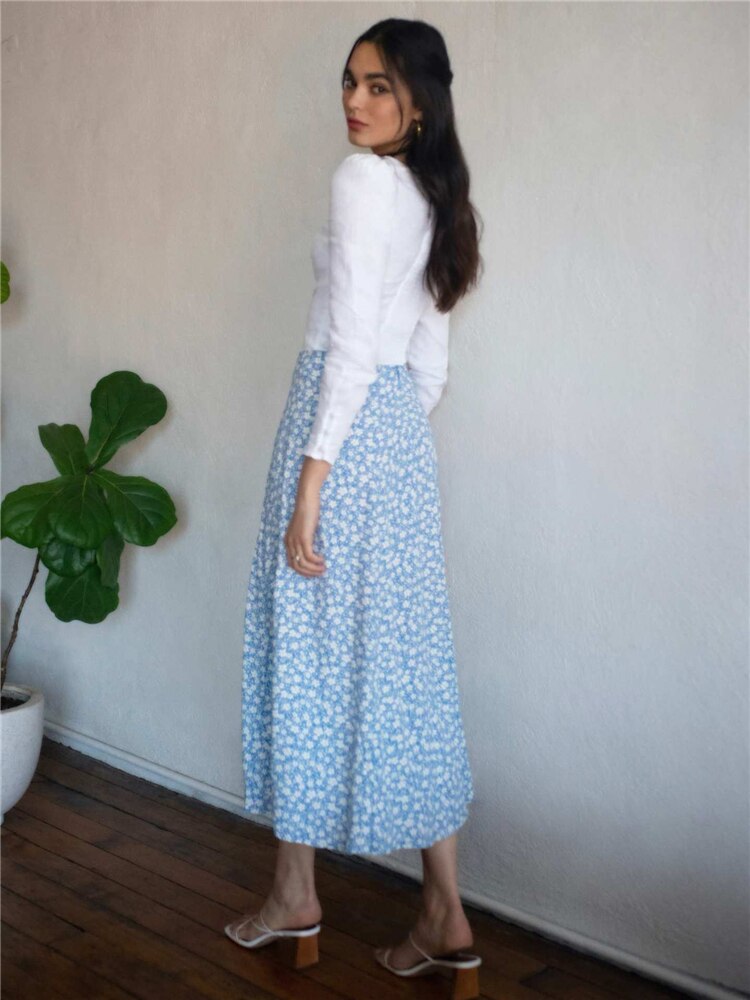 maoxiangshop High Waist Split Out Floral Mid Skirt Women Sexy Vintage Boho A-line Skirts Slim Party Streetwear Holiday Beachwear