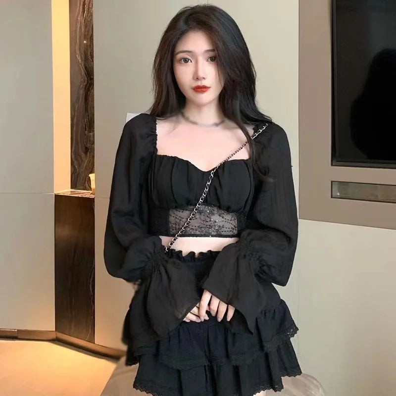 maoxiangshop Casual T Shirts Solid Color Women's Crop Top Ruffles Chiffon Blouse Autumn Outfit Long Sleeve Slim Fit