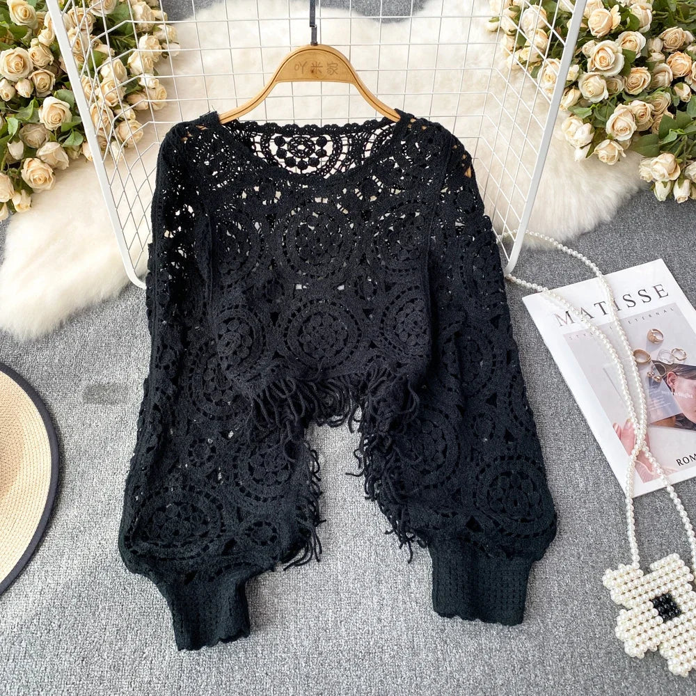 maoxiangshop Bohimian Sweater Women O-neck Lantern Sleeve Tassel Female Causal Crochet Tops Ladies Knitted Hollow Out Sweaters Dropshipping