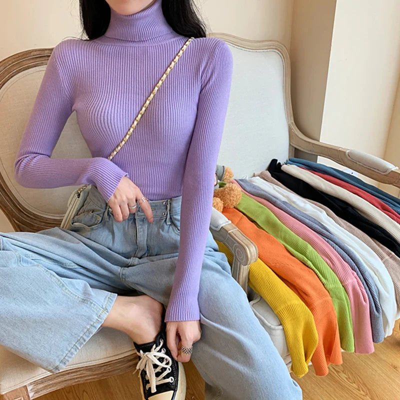 maoxiangshop 2024 Autumn Winter Women Long Sleeve Knitted Foldover Turtleneck Ribbed Pull Sweater Soft Warm Femme Jumper Pullover Clothes