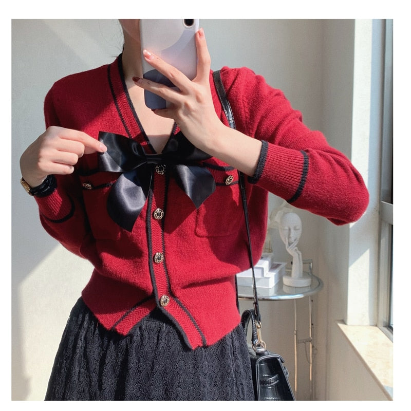 Knitted Cardigan Female Red Short Fashion Sweater women's Loose Bow Solid Long-Sleeved Kawaii Autumn High-Waist Knitted Top