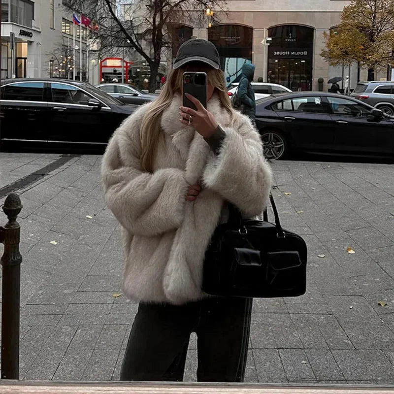maoxiangshop - Solid Fluffy Faux Fur Thick Coat Women Fashion Warm Lapel Long Sleeve Short Jacket 2024 Autumn Winter Lady High Street Outerwear