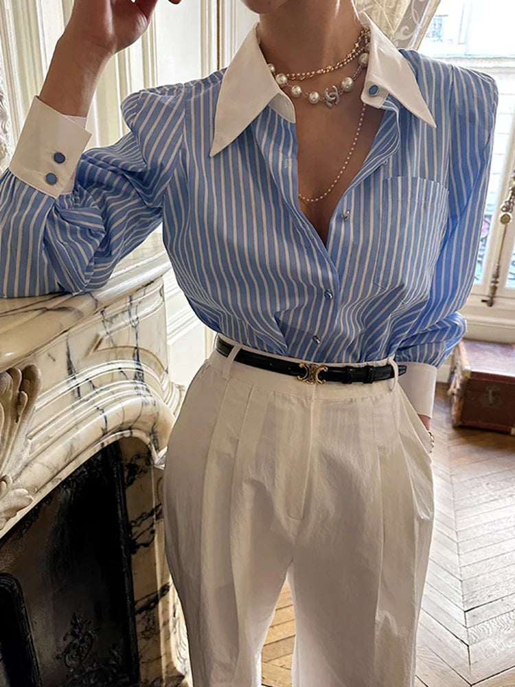 maoxiangshop-Jmprs Elegant Women Shirts Korean Striped Red Fashion Turn Down Collar Office Ladies Tops Long Sleeve Causal Female Blouse