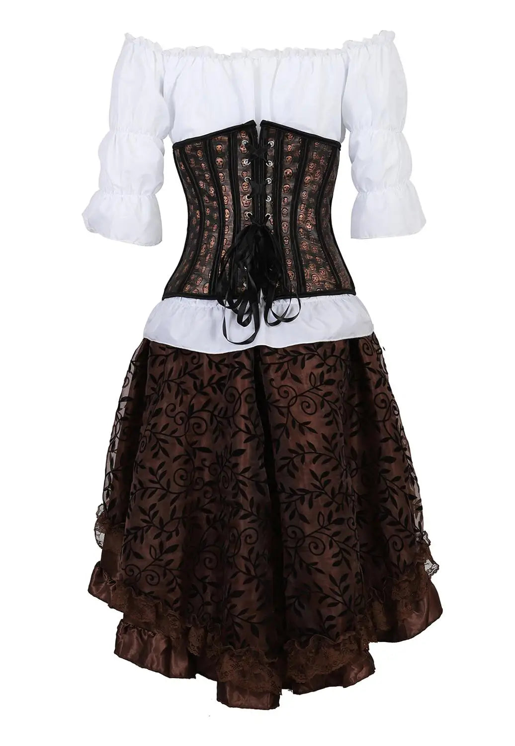 maoxiangshop - Corset Dress Suit Leather Bustiers Outfits for Women Steampunk Skull Underbust Skirt White Blouse Set Carnival Party plus size