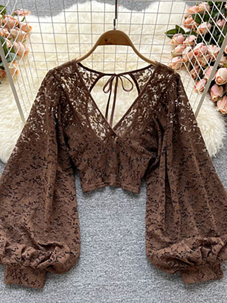 maoxiangshopAutumn Black/White/Brown Sexy Lace Blouse Women Elegant V-Neck Puff Long Sleeve Open Back Short Tops Female Party Blusas