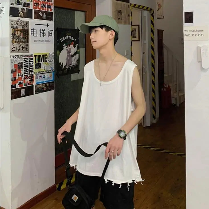 maoxiangshop Hip Hop Streetwear Men Retro Old Vest Harajuku Multicolors Oversized Tank Tops Summer Sleeveless T-shirt Solid Color Tees