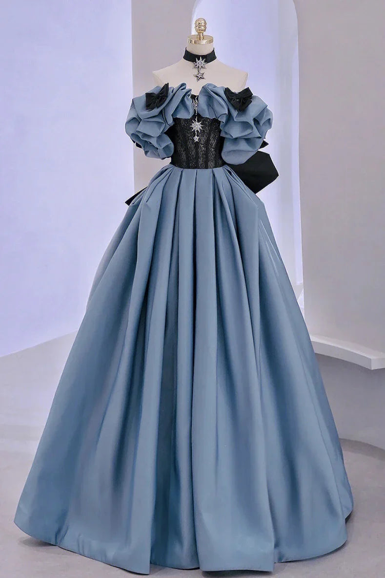 maoxiangshop Blue Satin High-End Banquet Evening Dress Annual Meeting Boat Neck Covering Flesh Princess Dresses Puff Sleeve Ball Gown