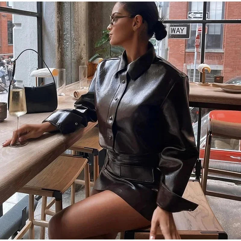maoxiangshop - Fashion PU Leather Coat Skirt Sets Women 2024 Autumn Winter O-neck Long Sleeve Single Breasted Jackets Top Mini Skirt Ladies Set