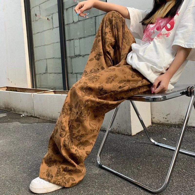 Lucyever Summer Thin Retro Corduroy Pants Women Harajuku Printed Baggy Wide Leg Trousers Teen High Street Unisex Hip Hop Pants