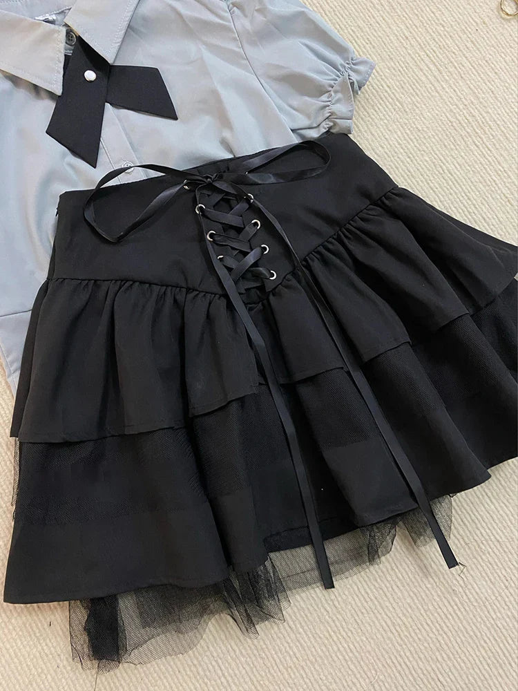 maoxiangshop - Japanese Style 2 Piece Sets Women's Outfits Cute Short Sleeve Ruffles Sailor Collar Slim Waist Bowknot Shirts and Skirt Student