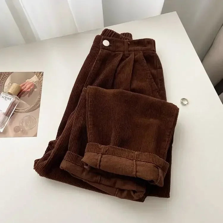 maoxiangshopRetro High Waist Corduroy Pants Women Spring Fall Straight Causal Full Length Trousers Korean Fashion Baggy All Match Black Pant