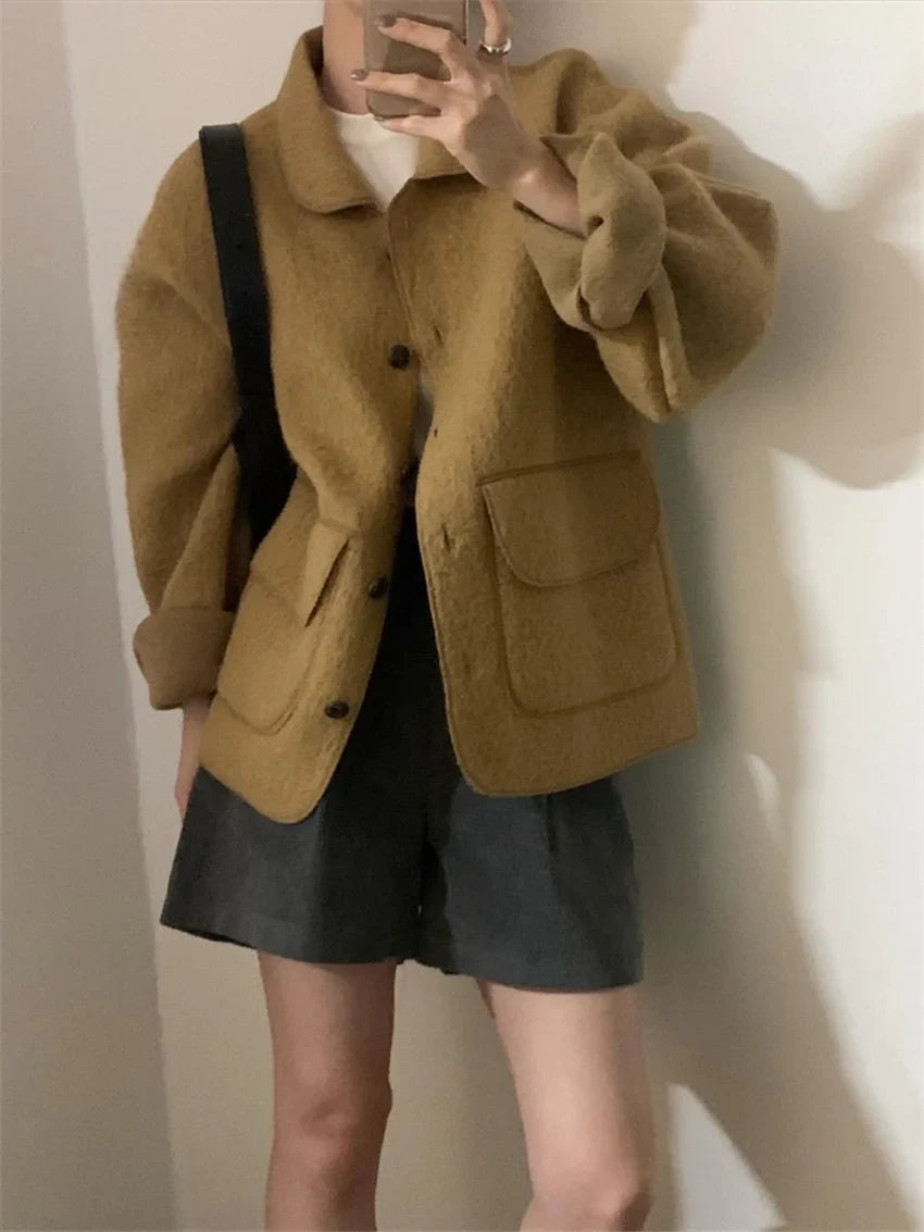 maoxiangshop - Chic Solid Woolen Jackets Loose Women New Warm 2025 Vintage Slim Winter Streetwear Elegant Fashion Daily Coats