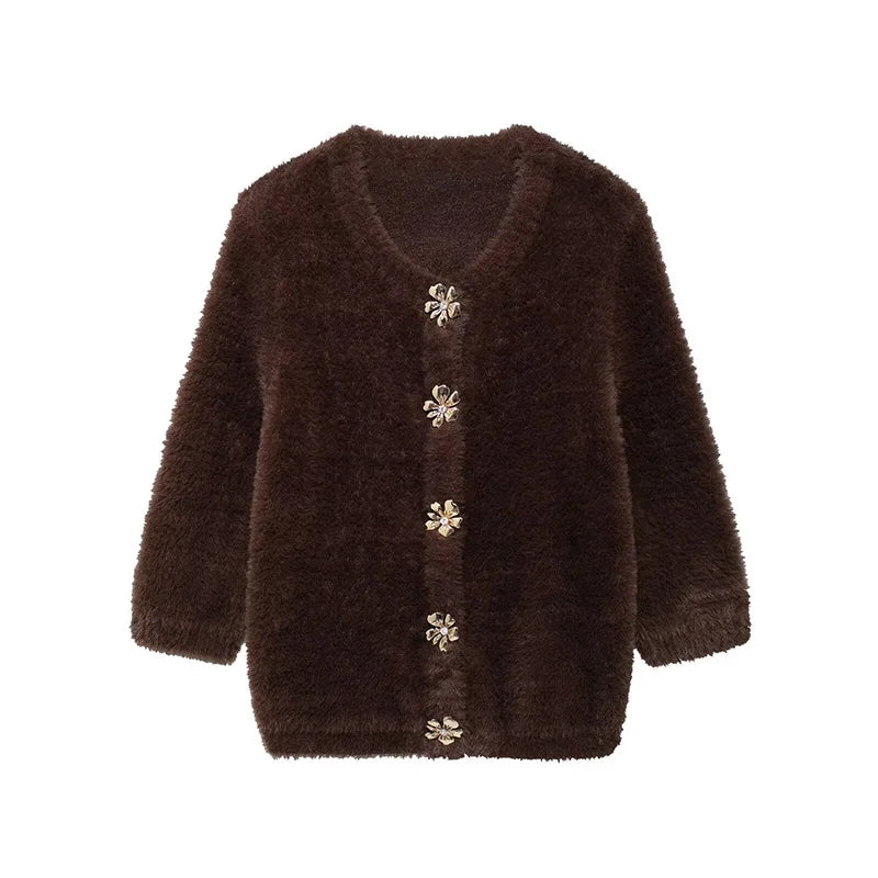 maoxiangshop - Women Faux Fur Half Sleeve Cardigans Coats Fashion O-neck 3D Flower Buttons Long Sleeves Sweater 2024 Autumn Soft Brown Tops
