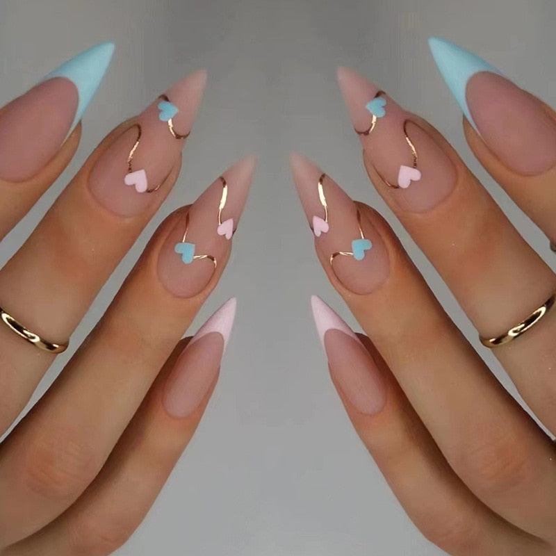 24Pcs False Nails With Glue Almond Pink Butterfly Design Detachable Rhinestones Acrylic Fake Nails long stiletto Press On Nails