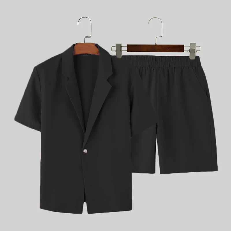 maoxiangshop 2024 American Style New Men's Stylish Sets Solid Short Sleeved Blazer Shorts Leisure Streetwear Male Suit 2 Pieces S-5XL