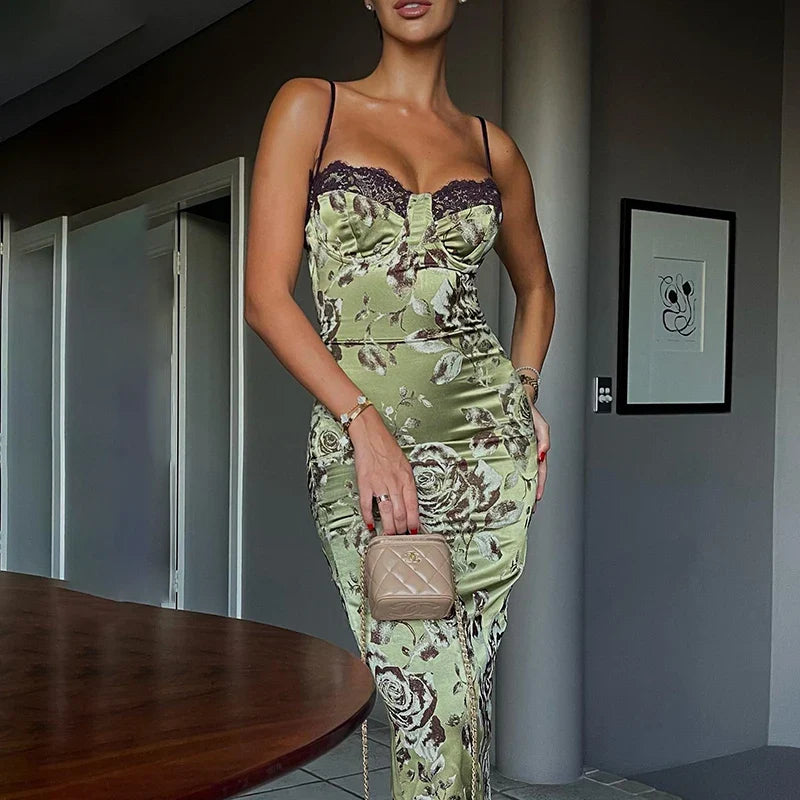 Print Floral Bodycon Slip Midi Dresses Women Vintage Sexy Lace Sleeveless Backless Dresses Elegant Birthday Party Club Vestidos