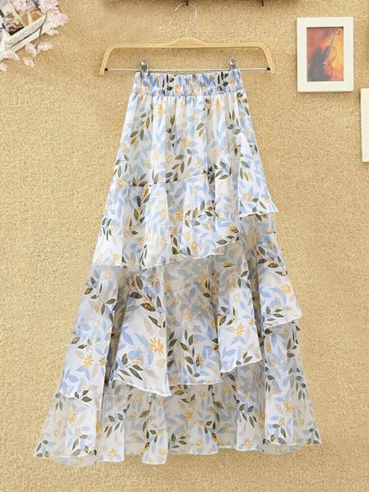 maoxiangshop New Temperament Skirt Summer Floral Irregular Ruffle All-match A-line Skirt Breathable Fairy Cake Skirt Fashion Party