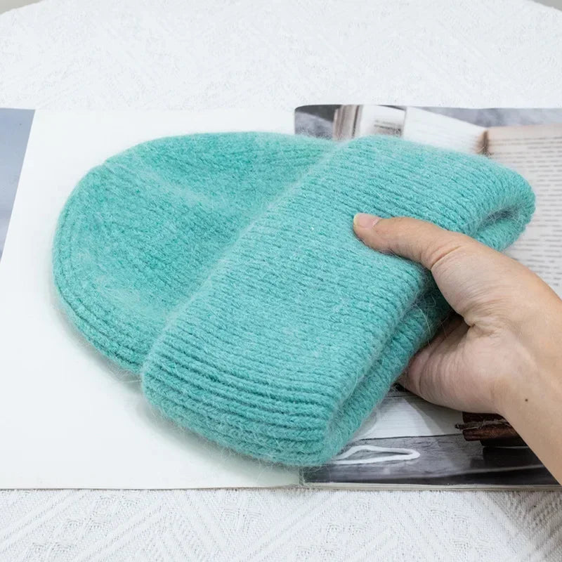 maoxiangshop 21colors Autumn Angola Rabbit Fur Knitted Beanies Winter Skullies Women's Hat Fashion Solid Warm Cashmere Wool Three Fold Thick
