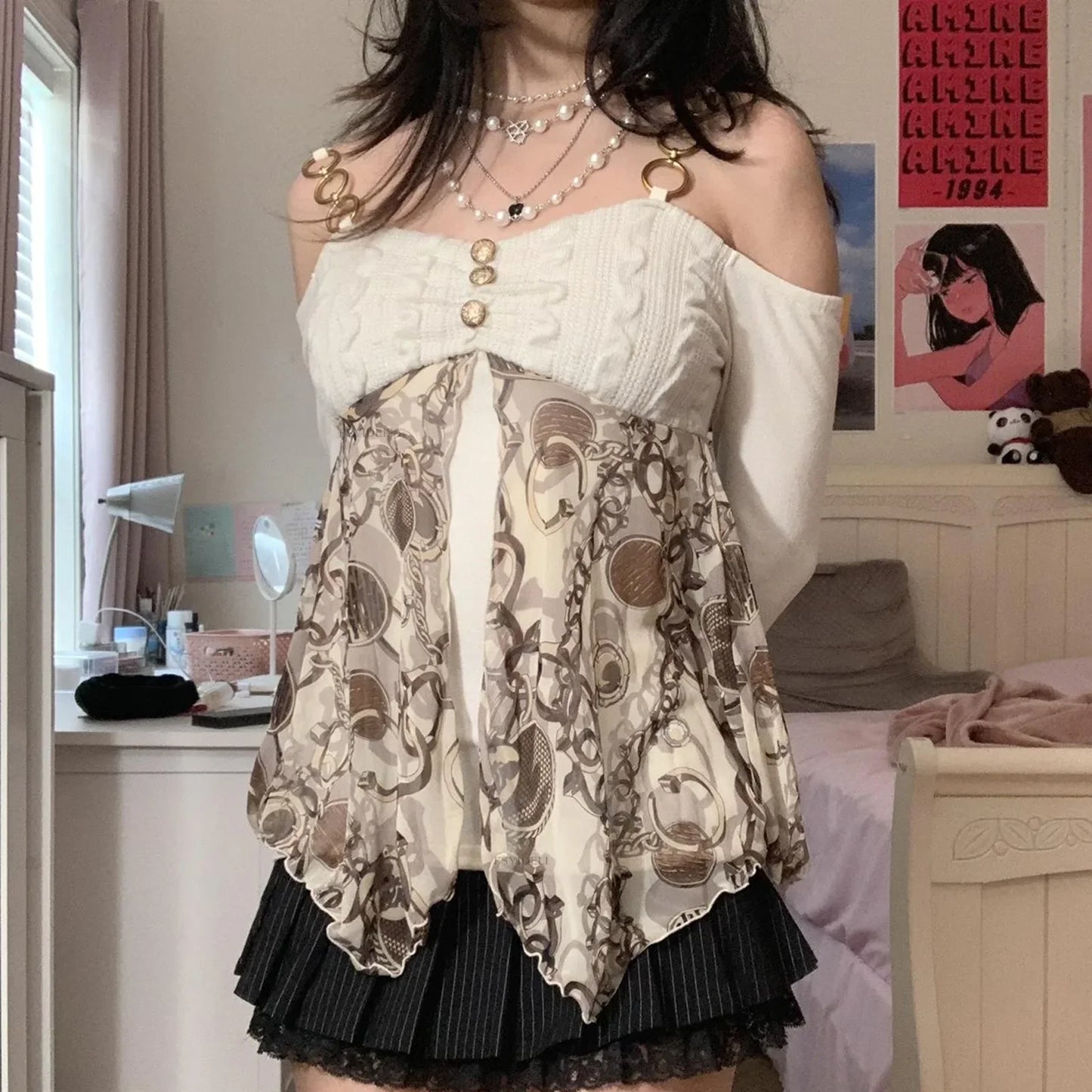 maoxiangshop Top Y2K Lolita Tops Off Shoulder Cyber Lace Top Exposure Simple Clothes 2024 Off White Women Gyaru Long Sleeve Clothes for Women