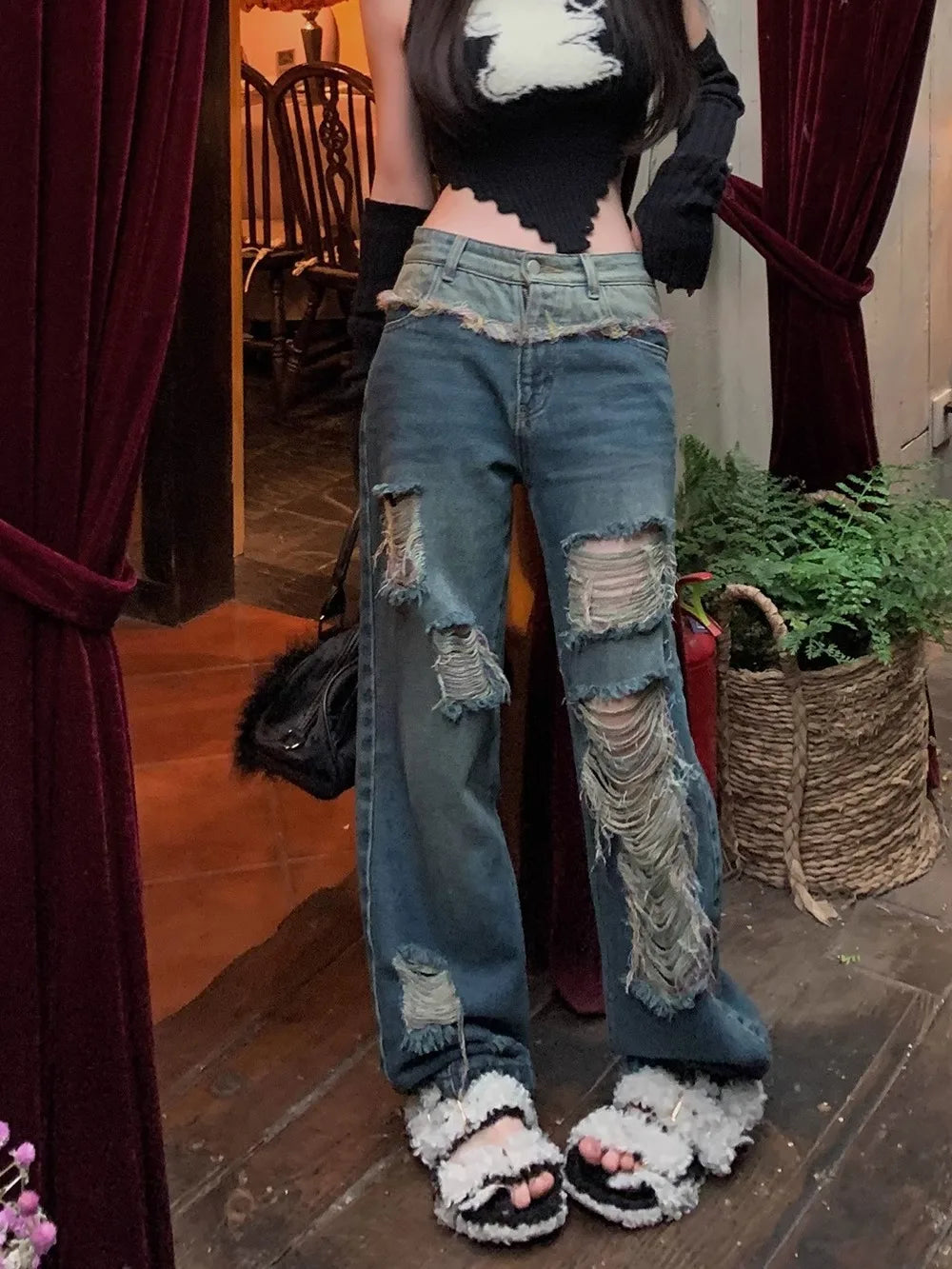 maoxiangshop - 2024 New Hole Jeans Women High Waist American Style Street Retro Chic All-match Summer Gothic Loose Contrast Color Y2k Trouser