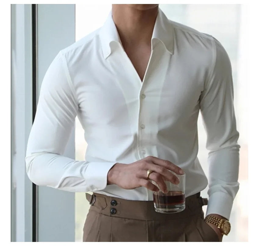 maoxiangshop Men's Italian Collar Shirt, Wrinkle-free, Casual, Fashionable, Slim-fit with A Lapel Design, Branded Clothing, Youth, New