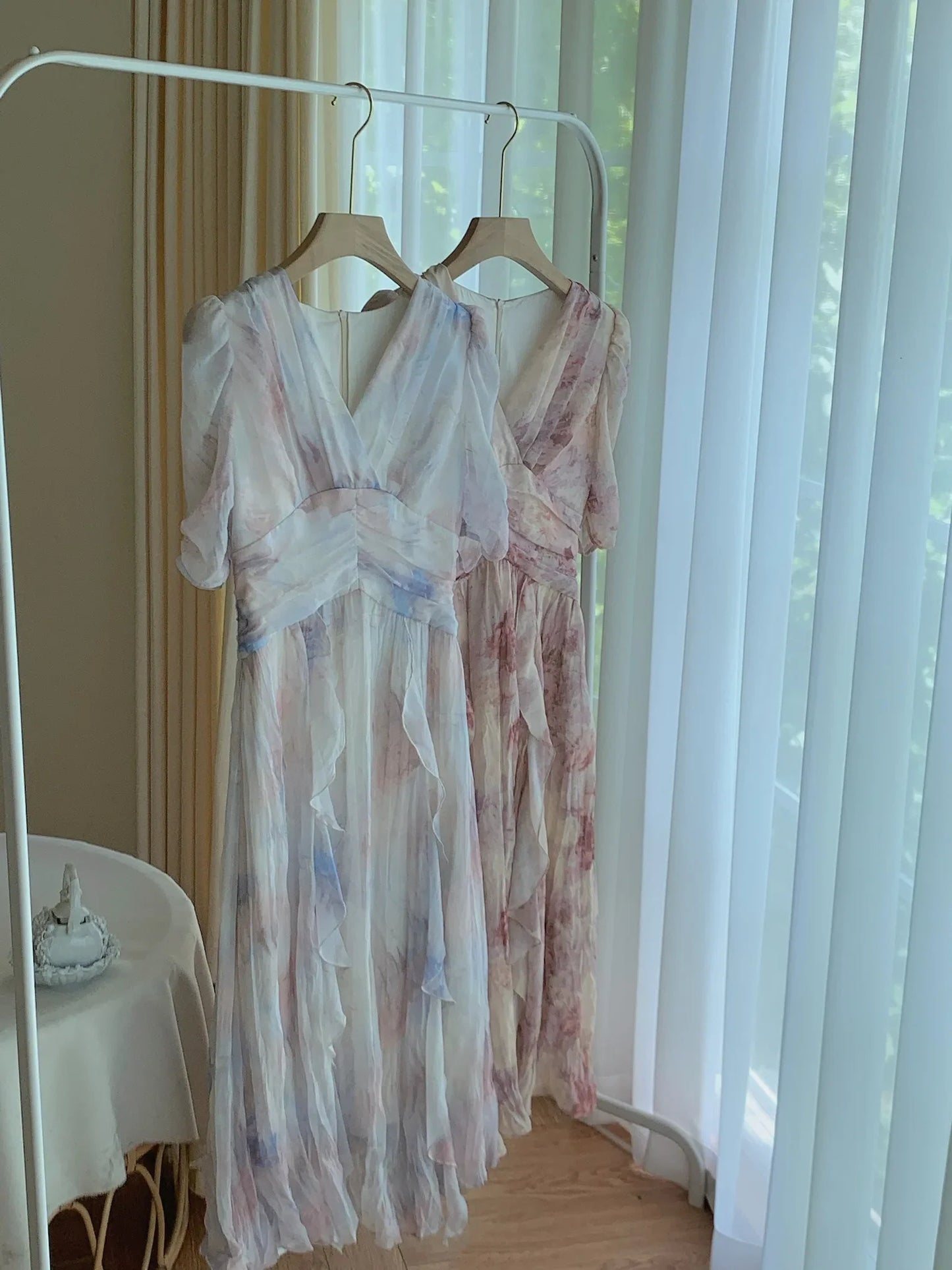 maoxiangshop Summer V-neck Print Dress French Style Women Elegent Party Pink Midi Dress Female Fashion A Line Holiday Korean Clothes Vestidos