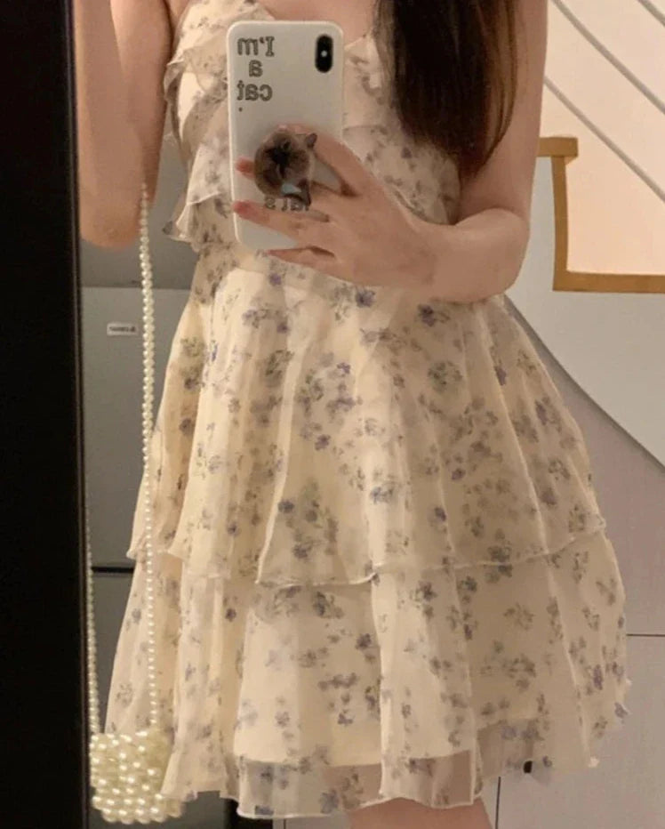 maoxiangshop DRESS TO IMPRESS Sweet Dresses for Women Fashion Floral Korean Summer Robe Femme Temperament Chiffon A-line Dress Vestidos De Mujer