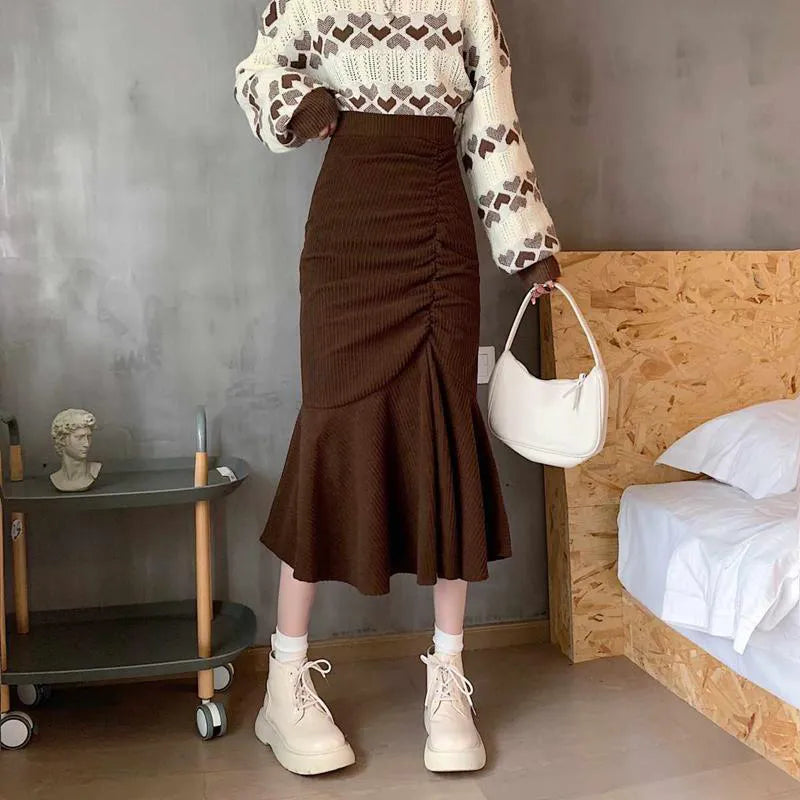 maoxiangshop Fashion High Waist Midi Skirts for Women Spring Slim Fit Hip Mermaid Skirt Woman Korean Ruffles Brown Skirts 2XL