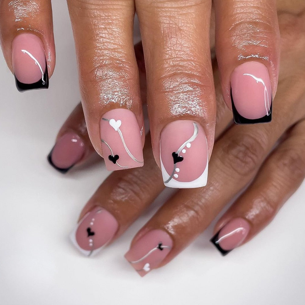 24pcs Short French Fake Nails Gold Glitter Edge Fake Nails Love Heart Coffin Square Ballet Full Cover Wearable Press on Nail Tip