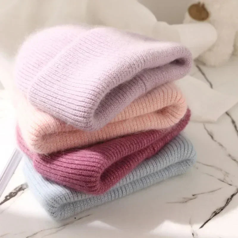 maoxiangshop 21colors Autumn Angola Rabbit Fur Knitted Beanies Winter Skullies Women's Hat Fashion Solid Warm Cashmere Wool Three Fold Thick