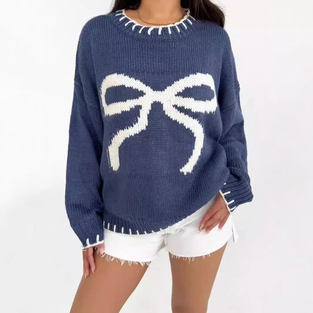 maoxiangshop - Bow Jacquard Loose Sweater Women's Autumn/Winter Casual Color Contrasting Knitted Knitted Pullovers Fashion Streetwear