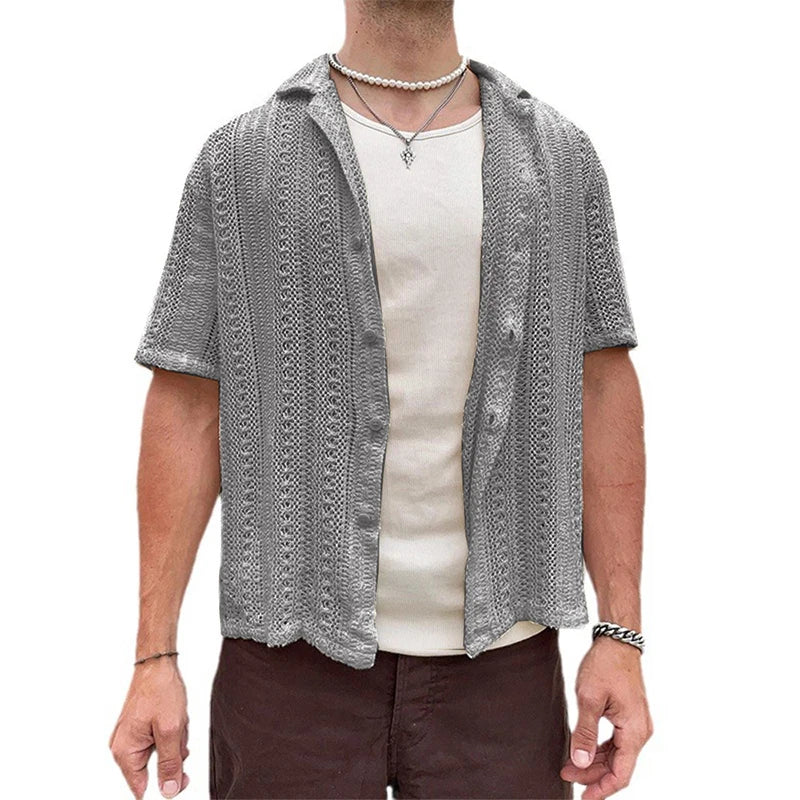 maoxiangshop Vintage Embroidery Knitting Mens Shirts Summer Beach Fashion Loose Short Sleeve Knit Tops For Men New Casual Knitted Cardigans