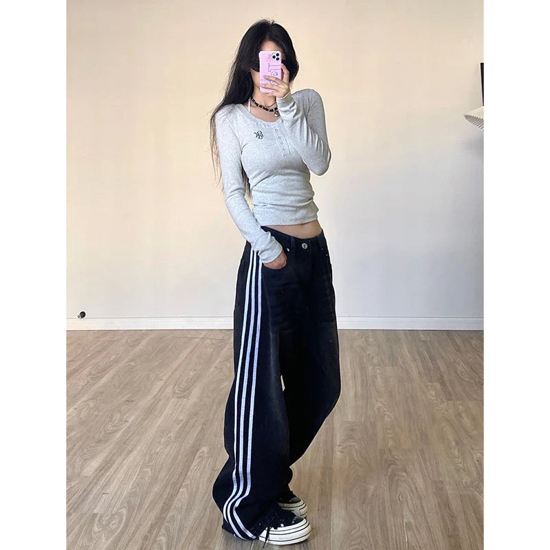 Black High Waisted Women Straight Jeans Streetwear Fashion Contrasting Colors Vintage Wide Leg Winter Female Denim Trouser