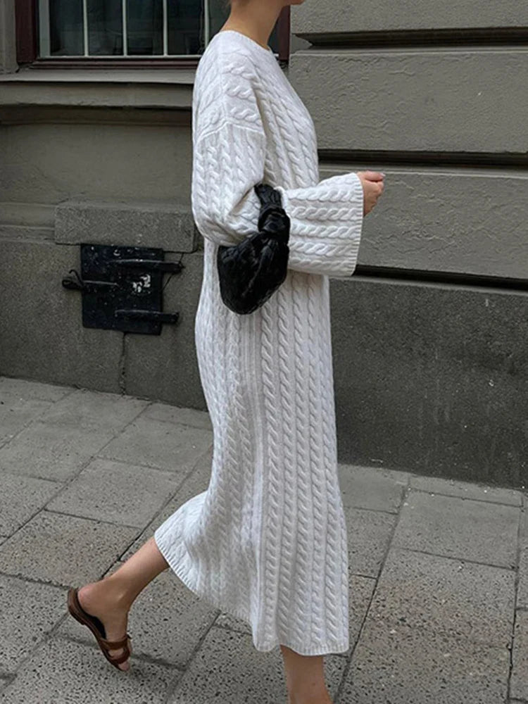 maoxiangshop Autumn Winter Knitted Dress Women Fashion Solid Color Ribbed Sweater Dress Female Elegant Casual Loose Long Sleeve Long Dresses