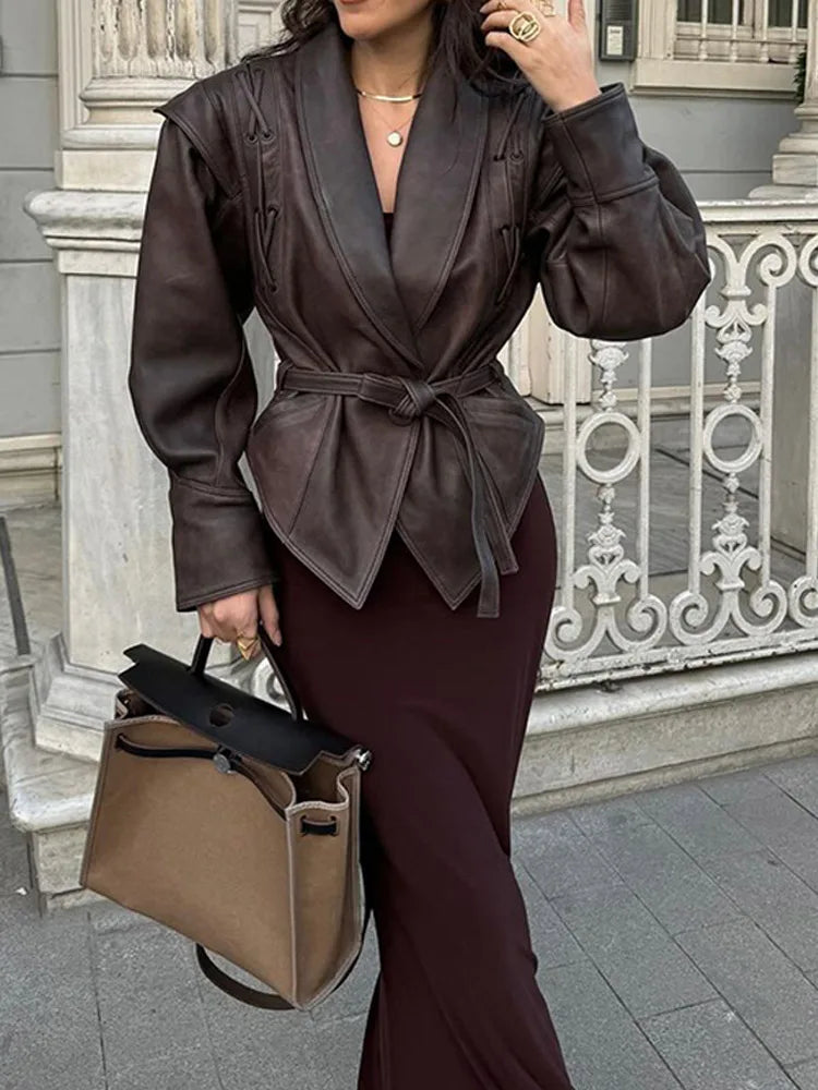 maoxiangshop - Fashion Leather Woman Short Jacket With Belt Turn Down Collar Long Sleeve Motorcycle Coat Ladies Winter Warm Street Outerwear
