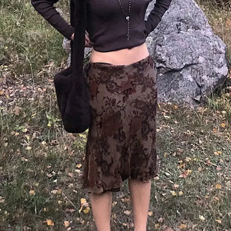 maoxiangshop - Harajuku Vintage Long Skirts Women Floral Print Gothic Retro Skirts Grunge Aesthetic Streetwear Punk A Line Midi Skirt