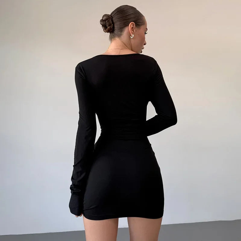 maoxiangshop - Plunge Slim Metallic Sexy Dress For Women Long Sleeve Mini Dress High Waist Elegant Solid Autumn Fashion Club Party Dress