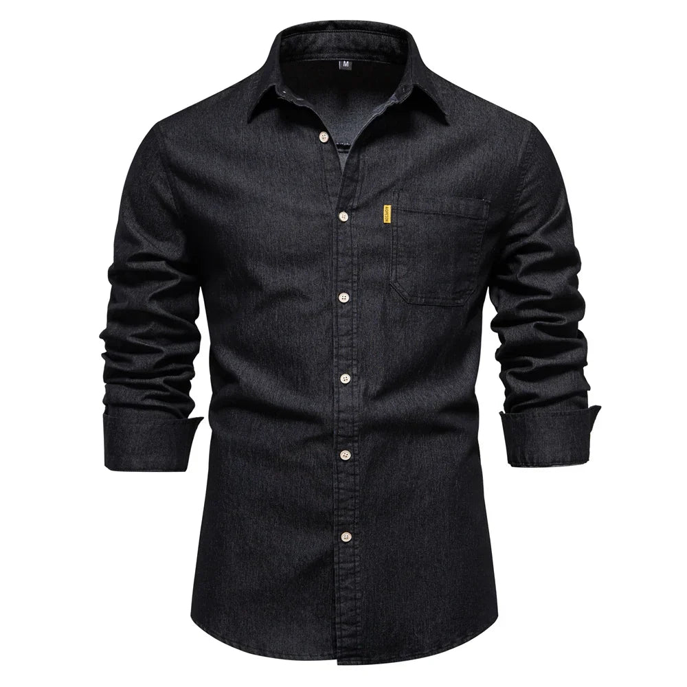 maoxiangshop Autumn New Cotton Men's Denim Shirt Solid Color Single Pocket Casual Long Sleeve Shirt Autumn Jeans Shirt for Men