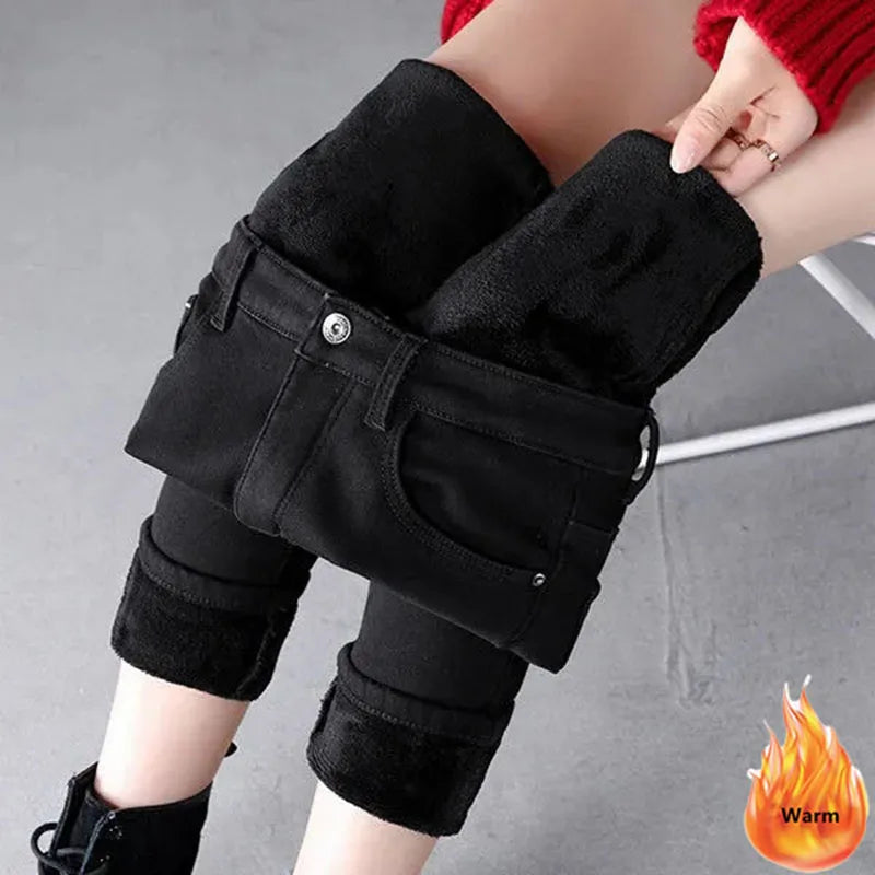 maoxiangshop Oversized Slim Velvet Lined Jeans Pencil Pants Winter Women Plush Stretch Vaqueros Trousers Mid Waist Thicken Warm Denim Spodnie