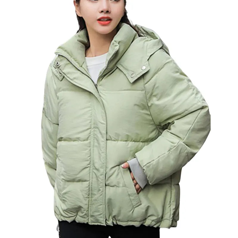maoxiangshop Fashion Winter Hooded Puffer Jacket Women Solid Casual Warm Oversize Parkas Female Korean Loose Long Sleeve Coat Women Clothing