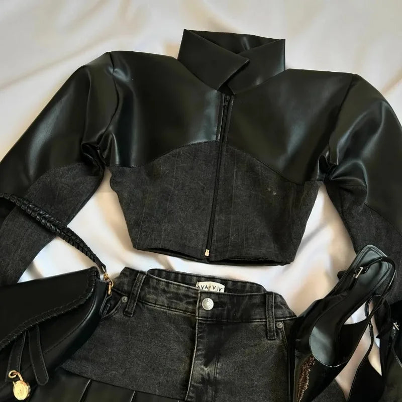 maoxiangshop - Harajuku Gothic Long Sleeve Zipper Jacket Mini Pleated Skirt Autumn Jackets Y2K Leather Spliced Denim Black Two Piece Set Womens