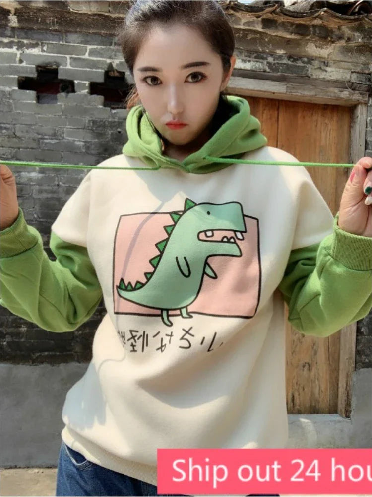 Women Dinosaur Sweatshirts Hooded Warm Fleece Hoodies Pullovers With Horns Harajuku Girls Teens Green Hoodie