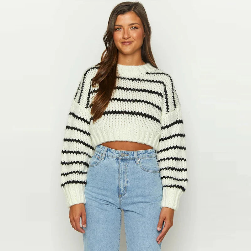 maoxiangshop - Casual Knitted Striped Pullover Sweaters Women Vintage Loose Contrast Color O-neck Sweater Female Autumn Chic Thick Streetwear