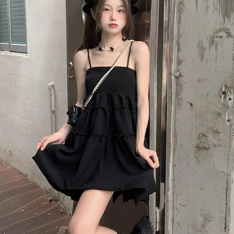 maoxiangshop Fashion All-Match Fluffy Dress Women Korean Waist-Tight Spaghetti Strap Agaric Edge Black Dresses Woman Summer Prom Gown